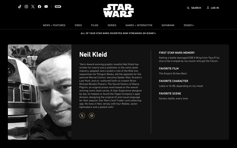 screenshot from starwars.com featuring neil kleid's bio, a photo of him with r2-d2 and some facts about his star wars connections
