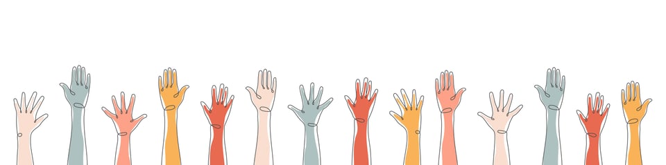 An illustration of a line of raised hands in different colors.