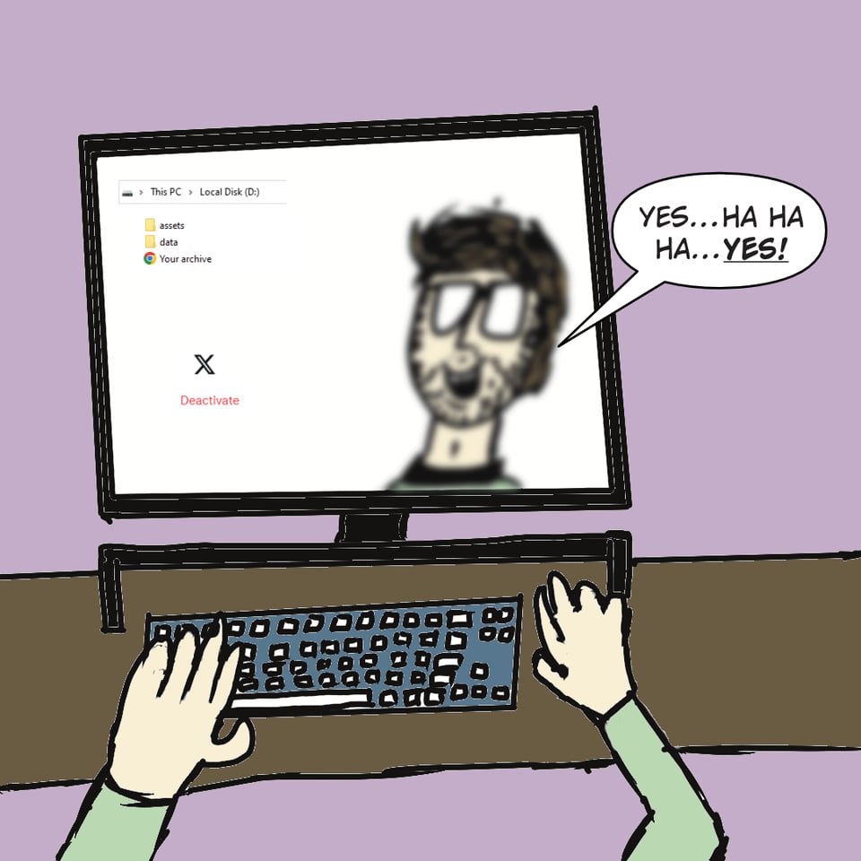 David's face is reflected in his computer screen as he sees his archive has been downloaded and is ready to deactivate his account soon. He is laughing going "Yes..ha ha ha... Yes!"