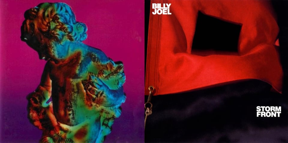 First pic: A color photo of a statue, some kind of cherubic figure, holding some kind of plants, leaves, I think. The lighting on it colors it from dark red to green to blue. The upper part of the background is dark pink, and that turns into dark purple by the bottom. Second pic: A photo of a red canvas flag with a dark purplish cloudy sky in the background. The red flag has a black square in the middle of it.