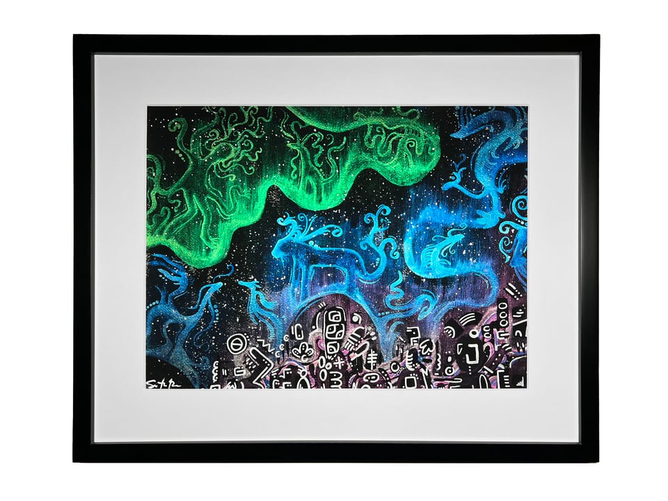 Image of Sam's latest painting, "Boreal Beings" featuring an iridescent Aurora Borealis filled with abstract beings above an abstract city-scape.