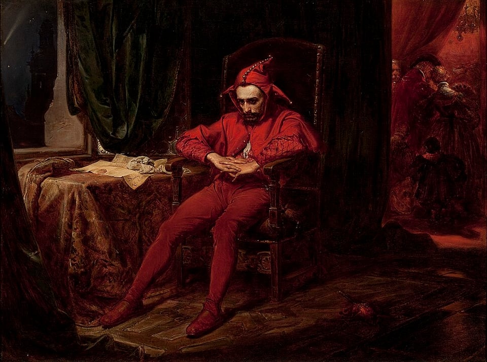 Painting by Jan Matejko called Stancyzk. It depicts a jester in a full red suit sullen in a chair, alone.