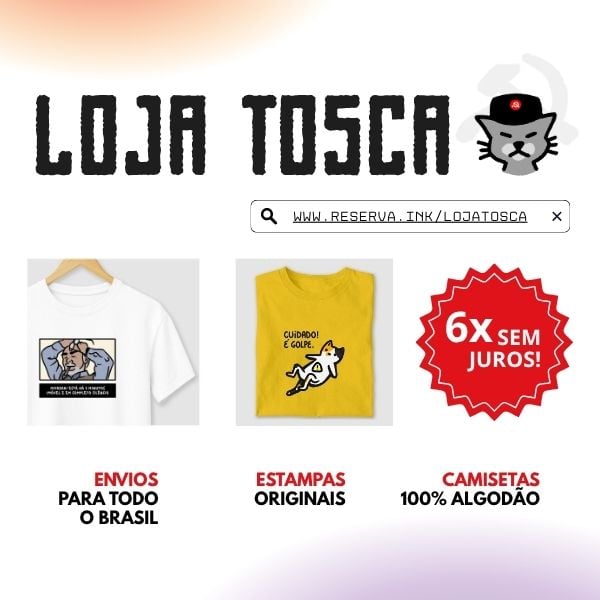 Banner publicitário da Loja Tosca. Em destaque, o título Loja Tosca e uma ilustração digital de gato cinza sério com uma ushanka na cabeça (gorro russo) e o símbolo soviético ao fundo. Acompanhando o título há um ícone gráfico que replica a barra URL com o seguinte site: www.reserva.ink/lojatosca. Duas imagens de camisetas vêm em seguida: uma branca com Miyazaki estampado, outra amarela com um gatinho estampado. À direita, um balão vermelho com a informação "6x sem juros" em destaque e outras 3 informações para finalizar o banner: envios para todo o Brasil, estampas originais, e camisetas 100% algodão.