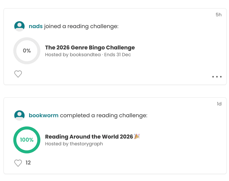 Two StoryGraph community feed cards showing reading challenge activity. The first shows nads joining The 2026 Genre Bingo Challenge at 0% completion. The second shows bookworm completing the Reading Around the World 2026 challenge at 100%.