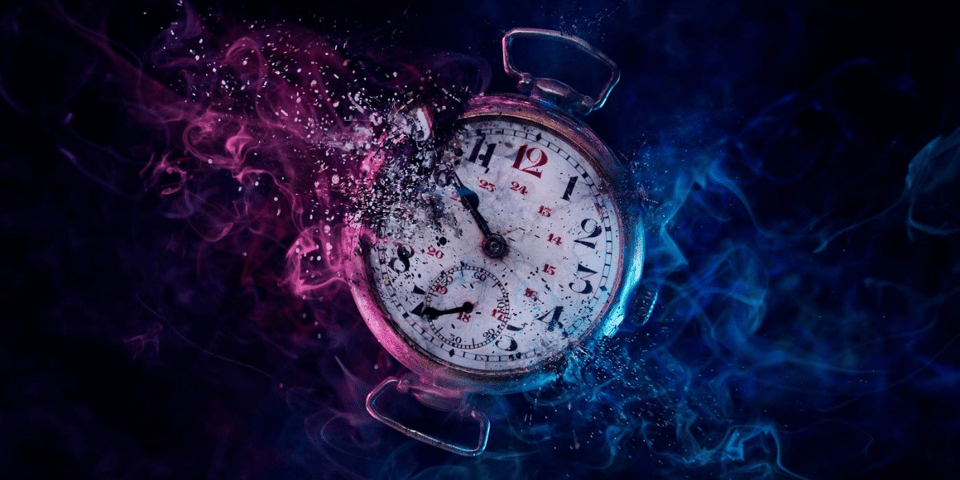 A pocket watch disintegrating in the time vortex.