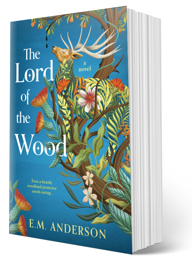 A paperback book form of The Lord of the Wood. The cover is blue, paler in the center and darker at the edges, with a central image of a stag of foliage and flowers growing from a tree whose upper branches drip black ooze and the tagline, "Even a beastly woodland protector needs saving..."