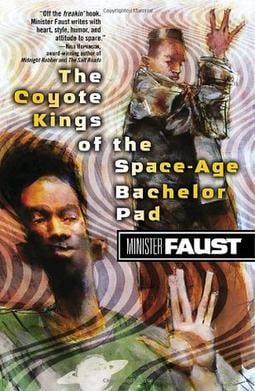 Cover of The Coyote Kings of the Space-Age Bachelor Pad, by Minister Faust, showing a black man with a small fro, five-o-clock shadow, and green shirt with a planet on it in the foreground and another Black man posed behind in a black leather jacket and long, billowing brown garment looking over his shoulder at the viewer beneath his black cap, both making hand signs from Star Trek and covered in a psychedelic river of light purple and gray lines shading the entire page, with the title in golden text fading to white at the center between the men and the author's name in white in a black box below; additional text at the top reads "off the freakin' hook. Minister Faust writes with heart, style, humor, and attitude to spare," by Nalo Hopkinson, introduced as "award-winning author of Midnight Robber and The Salt Roads"
