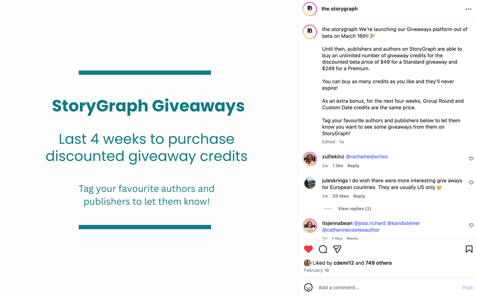 Promotional graphic titled “StoryGraph Giveaways – Last 4 weeks to purchase discounted giveaway credits.” The Instagram caption explains that the giveaways platform will launch out of beta on March 16, encouraging authors and publishers to purchase credits before the price increase.