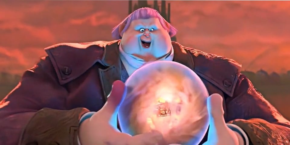 Imagem do filme O Gato de Botas 2 mostrando o vilão Jack Horner segurando uma bola de cristal