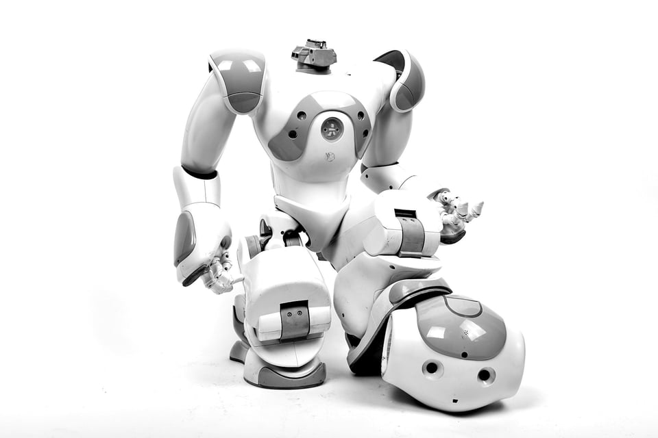 A gray and white Robosapien robot. The robot's head, detached from the body, is by its feet. Photo by Mathew Schwartz on Unsplash.