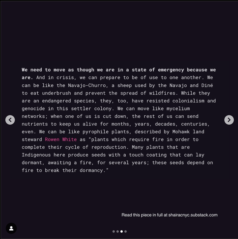 black square with white text describing indigenous practices of tending to nature