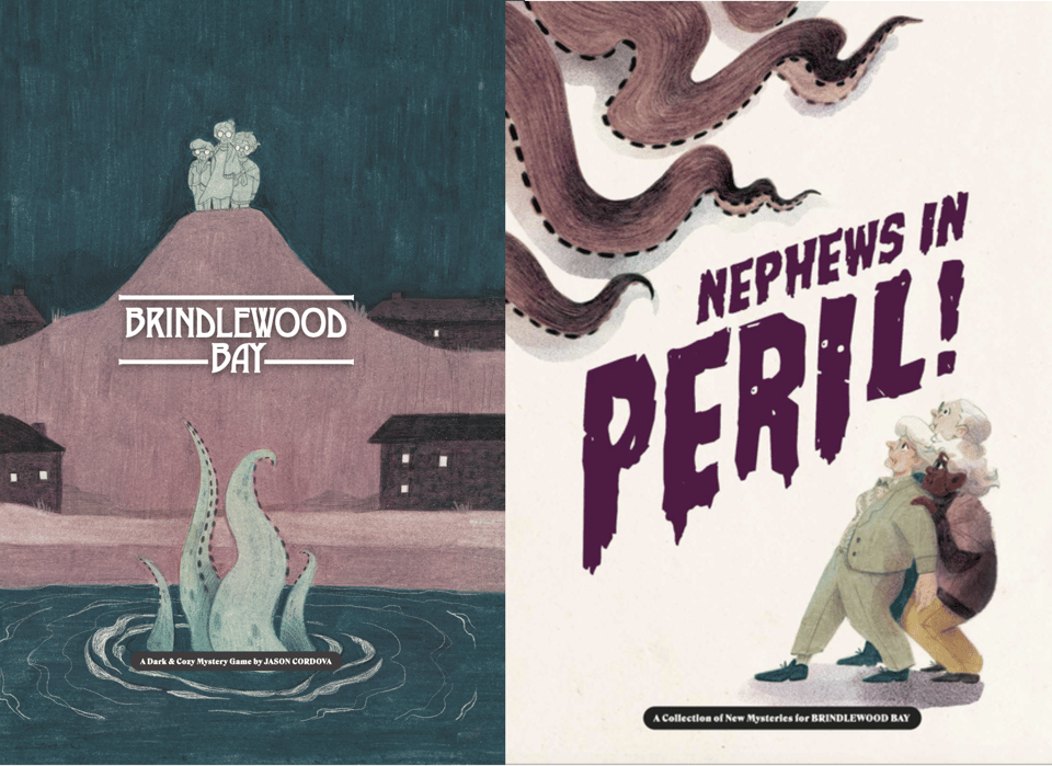 Two book covers featuring a group of three old ladies and tentacles, to signal Brindlewood Bay's specific brand of cozy lovecraftian mysteries.