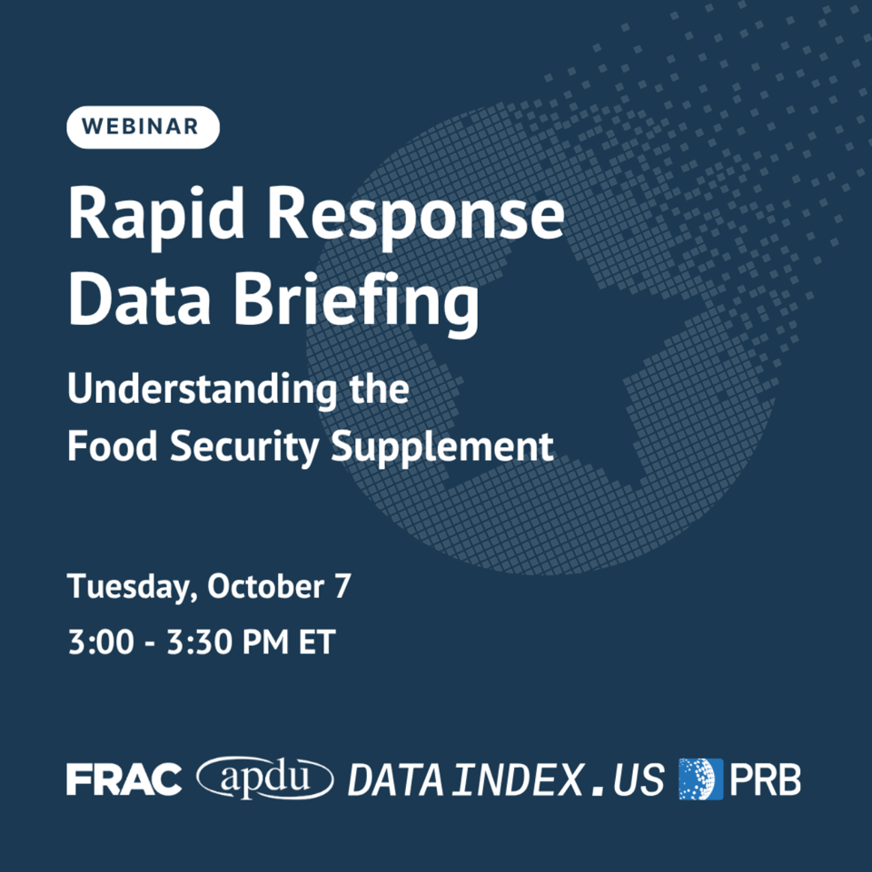 white text on dark blue background announces: "webinar - Rapid Response Data Briefing - Understanding the Food Security Supplement - Tuesday, October 7, 3-3:30PM ET" and includes logos for the webinar co-host organizations, FRAC, APDU, dataindex.us, and PRB