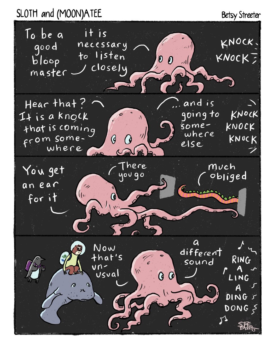 Sloth and Manatee comic in which Octopus explains how to manage an interdimensional bloop
