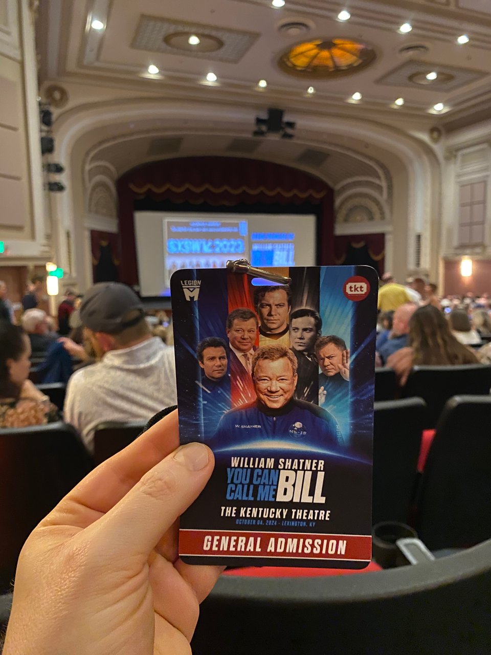 A picture of a general admission pass for "William Shatner: You Can Call Me Bill" at The Kentucky Theatre. The pass features 7 pictures of William Shatner at different points in his career.
