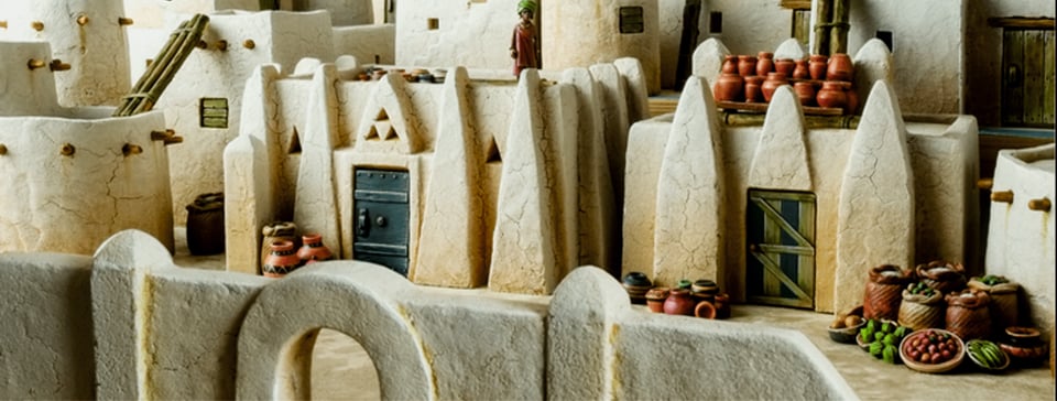 posed view of a collection of mud brick buildings and scenic scatter.