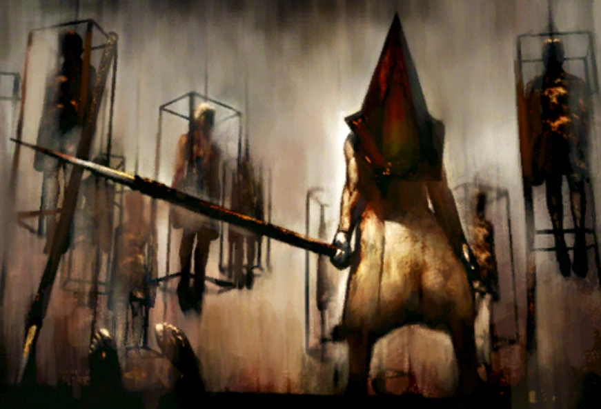 A painting of Pyramid Head holding a spear among his victims suspended in metal cages