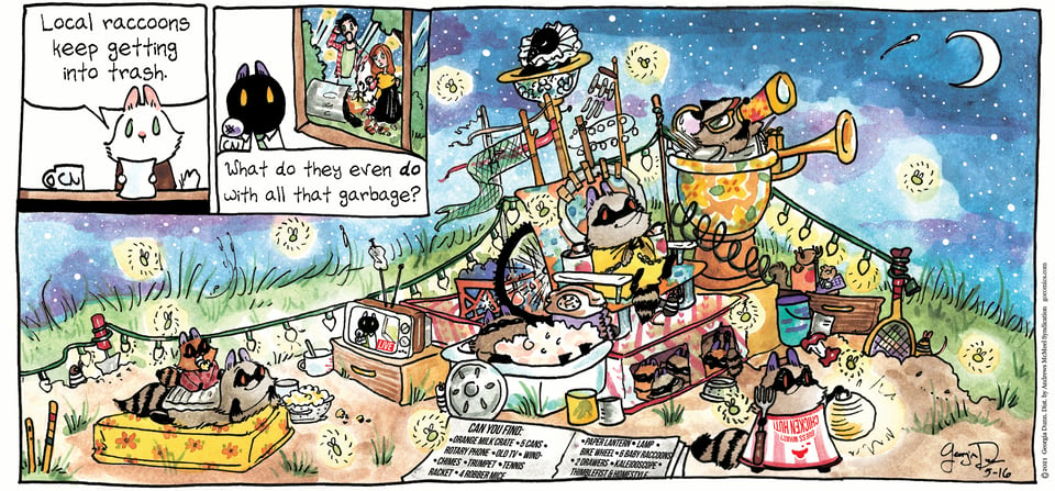 A watercolor “Breaking Cat News” comic installment showing a cat newscasters at upper-left, and then a starry night sky with raccoons on a pile of beautiful junk across most of the colorful strip.