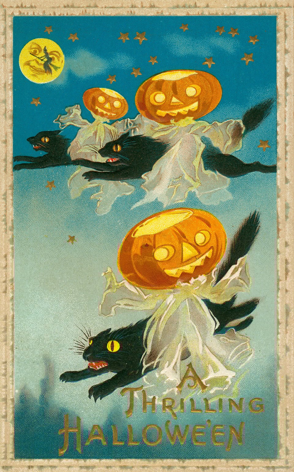 A vintage illustration depicting jack-o-lantern headed ephemeral figures riding on the backs of black cats flying through the air