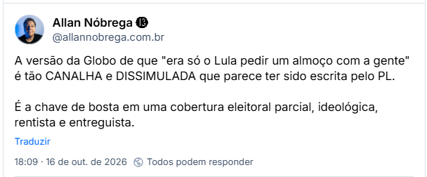 Post de Allan Nóbrega ⓭ (@allannobrega.com.br): A versão da Globo de que "era só o Lula pedir um almoço com a gente" é tão CANALHA e DISSIMULADA que parece ter sido escrita pelo PL.

É a chave de bosta em uma cobertura eleitoral parcial, ideológica, rentista e entreguista.