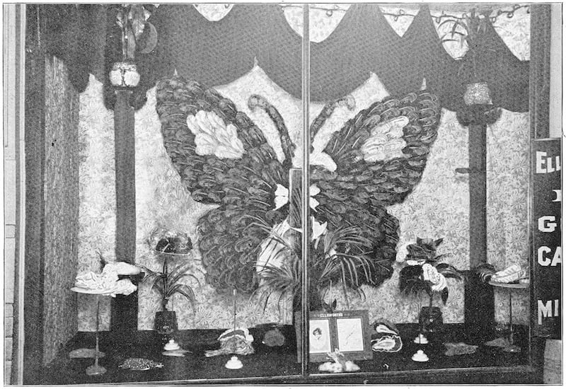 A black and white photo of a window, with a large fake butterfly filling most of it