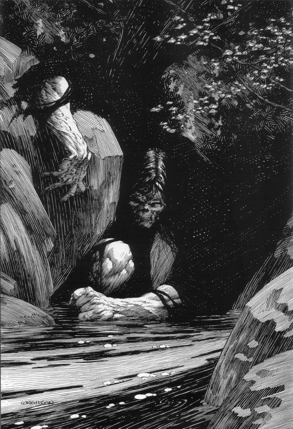 ink illustration by Bernie Wrightson from the novel "Frankenstein" the creature in shadow behind rocks in a forest