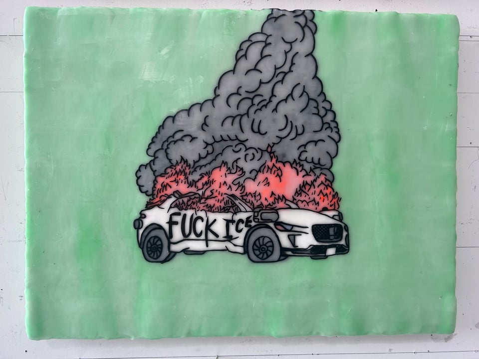 Painting of a Waymo on fire. Flames. Smoke. The whole thing. On a neon green background.