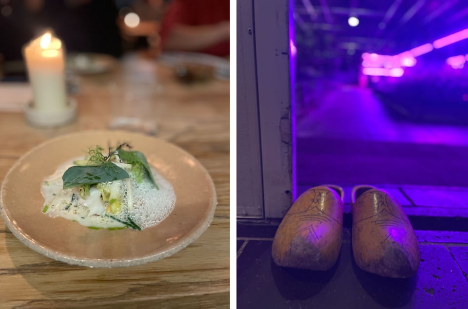 Two portrait photos are next to each other in a single landscape image. The left hand photo is of a small plate with molecular food - lots of bubbles with leaves on top. The right hand image is of a pair of wooden clogs at the entrance of a hydroponic indoor greenhouse bathed in purple light.