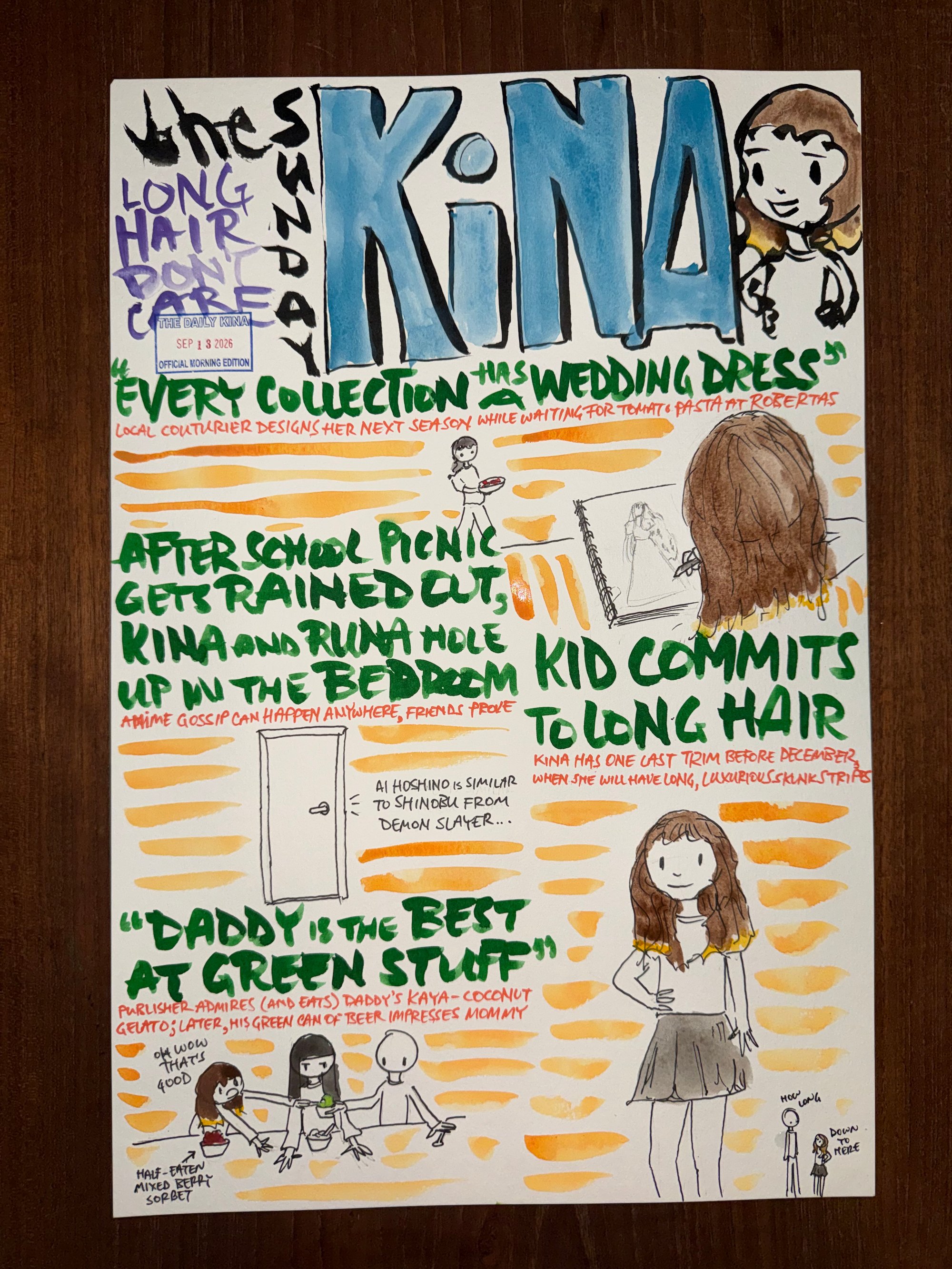 The Daily Kina for September 13, 2026. Top story: Every Collection Has a Wedding Dress. Also in this issue: After School Picnic Gets Rained Out, Kina and Runa Hole Up in the Bedroom; Kid Commits to Long Hair; “Daddy Is the Best at Green Stuff”.