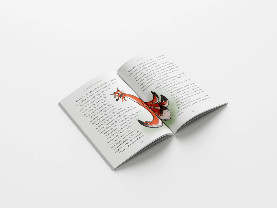 Previews of illustrations and stories from Wandering Spirits paperback edition, focused on Fox's Tails story