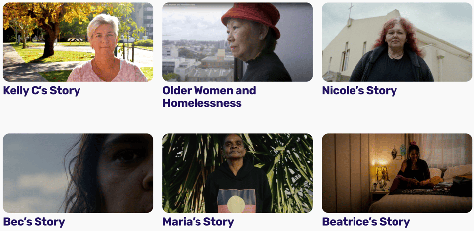 Screenshot from ShelterWA, showing different people who have experienced homelessness and inviting us to read their stories.