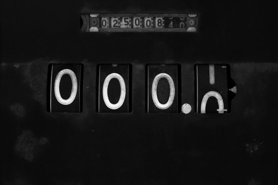 A readout from an analog counter that is all zeroes. Photo by Scott Rodgerson on Unsplash.