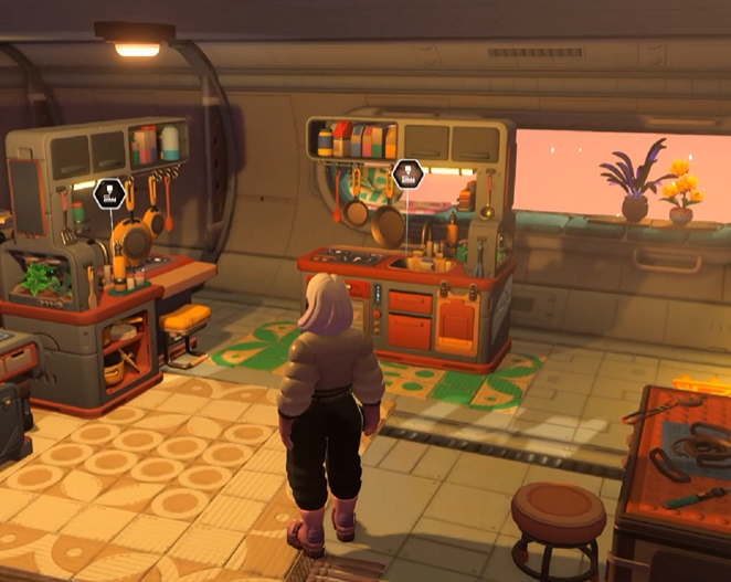 Image of a light-haired character standing on their ship in front of several crafting stations.