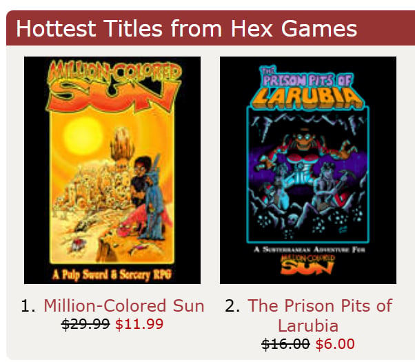 This is a fuzzy screen shot of two books, Million-Colored Sun and The Prison Pits of Larubia, on sale at DriveThruRPG.