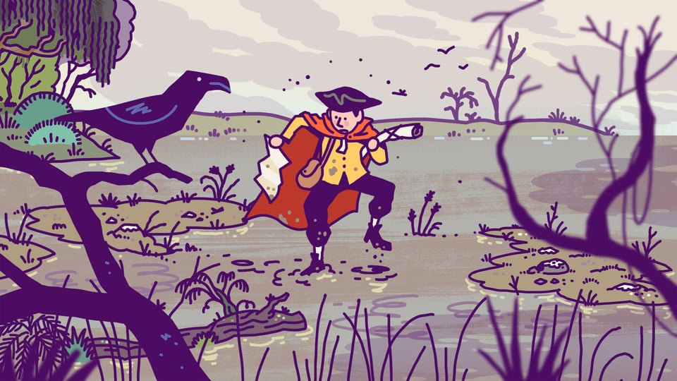 a young mapmaker in 18th century garb reacts as his feet sink into muck and mud. A crow watches from a branch, impassive.