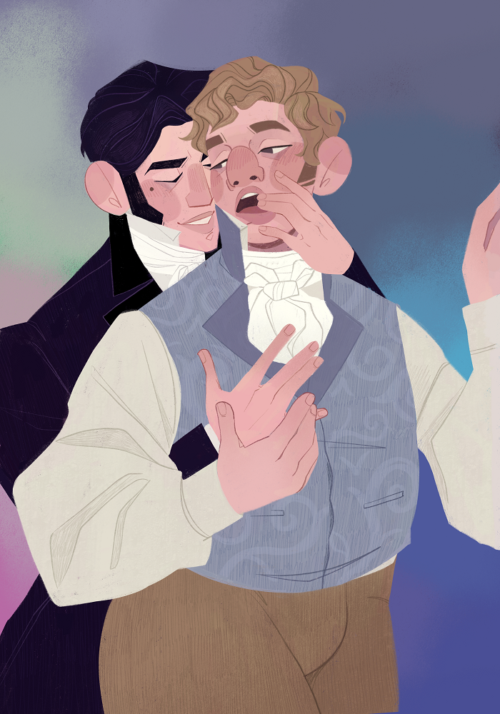 A stylized piece of art featuring the main characters from A Gentleman's Gentleman. A blond man in a blue waistcoat is held from behind by a taller man in a black coat. Fingers in mouth.