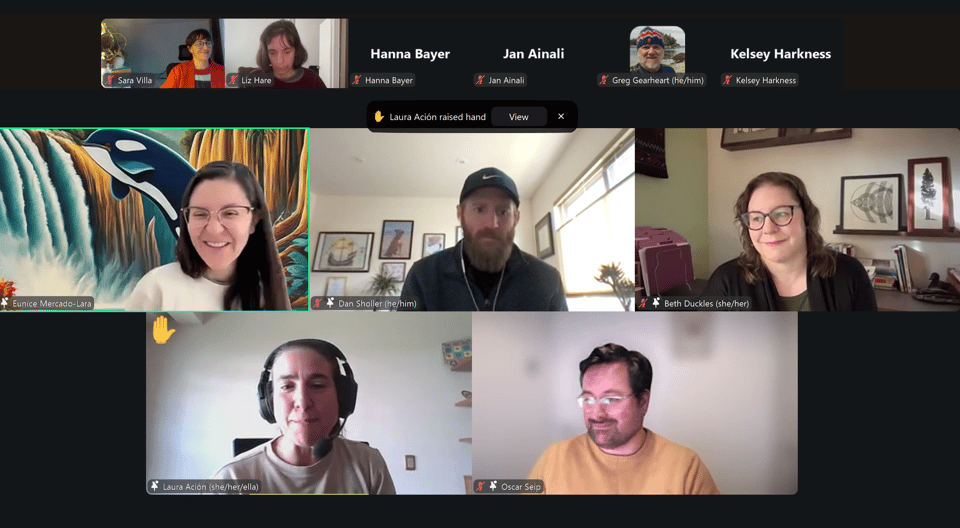 A screenshot of the host, the invited guests, and some attendees in the last fireside chat. They're smiling at the camera.