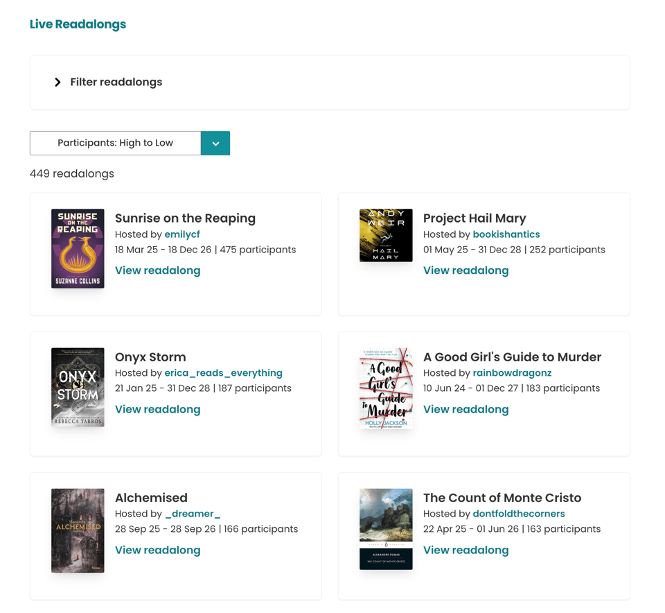 The “Live Readalongs” page shows a filter option and a dropdown set to “Participants: High to Low,” with 449 readalongs listed. Six readalongs are visible in a grid layout with book covers, host usernames, dates, and participant counts. Titles shown include Sunrise on the Reaping (475 participants), Project Hail Mary (252 participants), Onyx Storm (187 participants), A Good Girl’s Guide to Murder (183 participants), Alchemised (166 participants), and The Count of Monte Cristo (163 participants). Each listing includes a “View readalong” link.