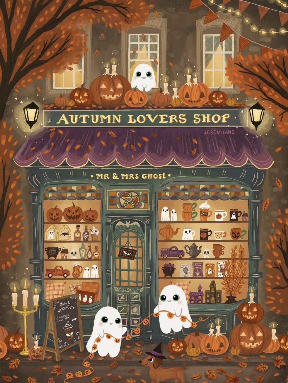 A densely detailed illustration of an "Autumn Lovers Shop", a quaint store with little teapots and cups and things in the window. Out front, some ghosts hang a string of pumpkin garland next to some jack o'lanterns. Everything is glowing warmly.
