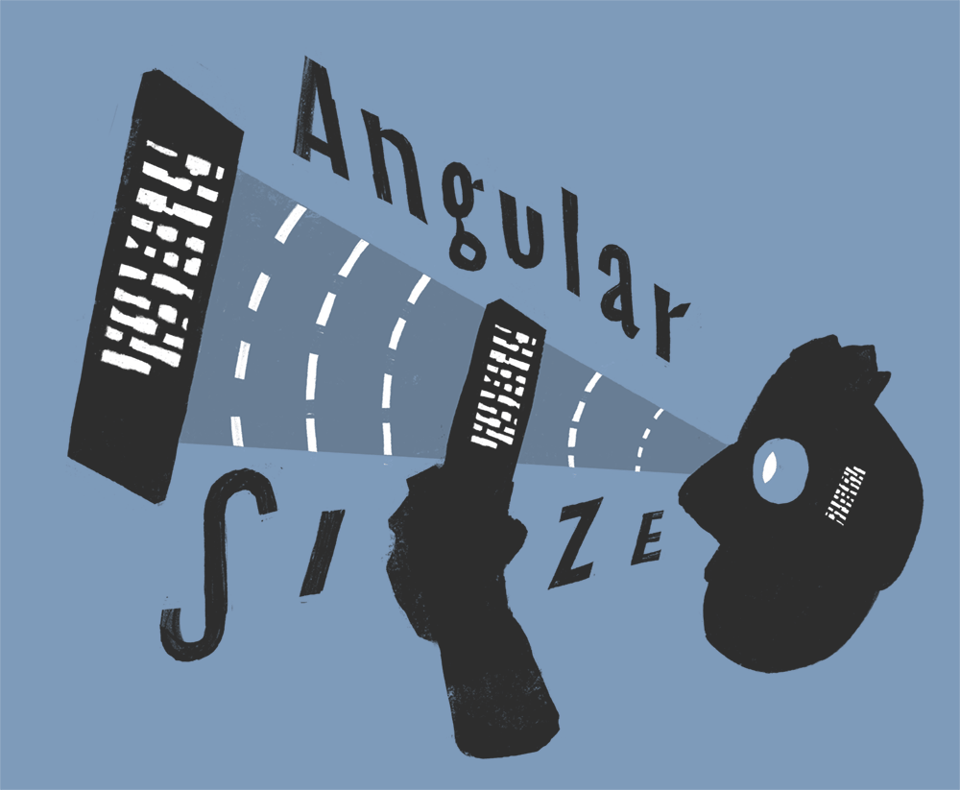 A diagram that explains that small text close up and larger text further away share the same geometrical context. A cartoon head looking at a phone and a sign on the wall.