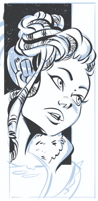 A comic book panel - a young woman with her dreadlocked hair piled on top of her head looks off-panel to the right.