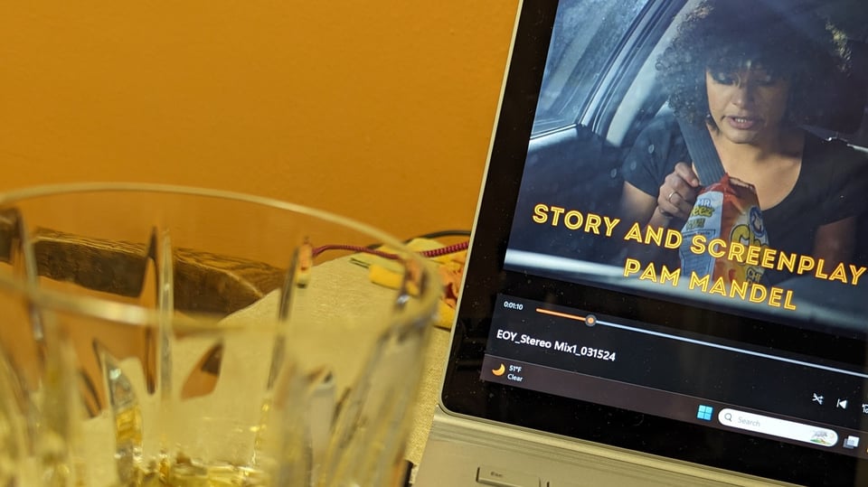 Corner of a computer screen showing actress Liz Pleasant through a car window. Text on the screen says Story and Screenplay by Pam Mandel. There's a blurry cocktail glass in the foreground.