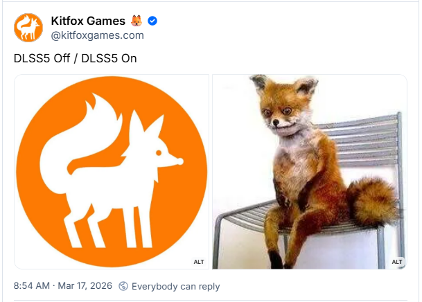 Post de Kitfox Games 🦊 (‪@kitfoxgames.com) :
DLSS5 Off / DLSS5 On

Post contém duas imagens, a primeira imagem é o logo da Kitfox Games (a silhueta em branco de uma raposa dentro de um círculo alaranjado), a segunda imagem é uma raposa toda escangalhada sentada numa cadeira