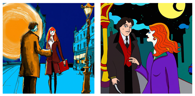 Badly drawn paintings of a man and woman on a magical-looking street.