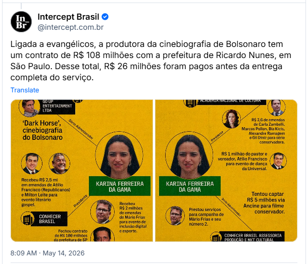 Post de Intercept Brasil (‪@intercept.com.br‬): Ligada a evangélicos, a produtora da cinebiografia de Bolsonaro tem um contrato de R$ 108 milhões com a prefeitura de Ricardo Nunes, em São Paulo. Desse total, R$ 26 milhões foram pagos antes da entrega completa do serviço. (imagem de fluxograma mostrando o caminho do dinheiro)