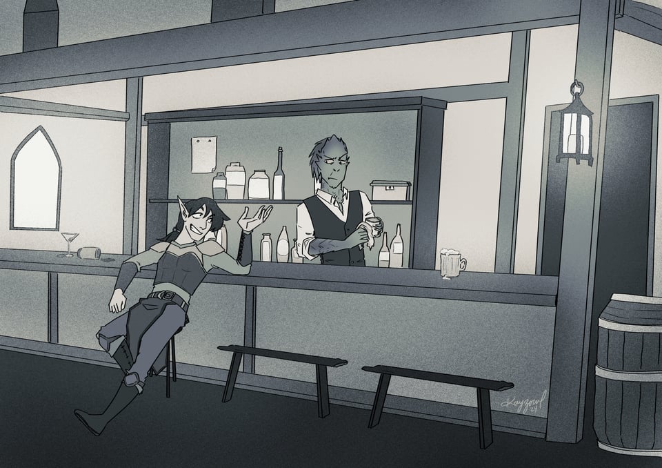 drawing of an interior scene in a limited palette of mostly greyscale with some subtle yellows and greens, a reptilian bartender cleaning a glass and looking skeptically at an elf leaning back against the counter, hand gesturing as they grin somewhat mischeviously