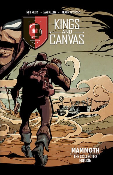 the cover art for the Kings and Canvas collected edition featuring the lead, Mammoth walking down the road with a backpack over his shoulder, headed to a town and a boxing ring—an evil man looms over the scene. Art by Jake Allen and Frank Reynoso. Comic written by Neil Kleid. It's called "Mammoth: the Collected Edition"