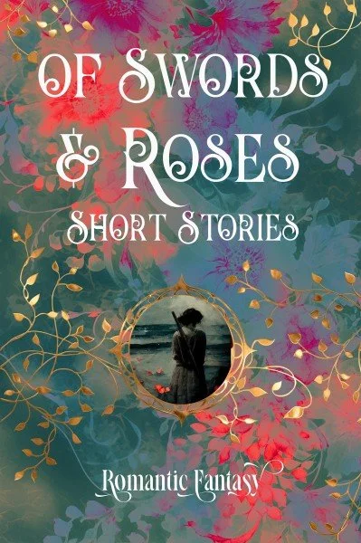 Cover art for "Of Swords & Roses: short stories, romantic fantasy". Gilded vines in an abstract pattern.