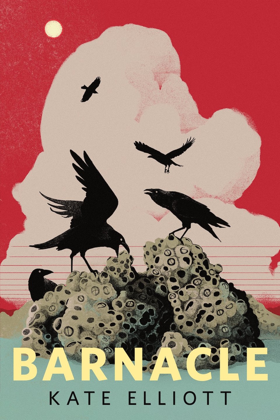online cover for "Barnacle" a novelette by Kate Elliott. On a beach, crows pick at a cluster of stubborn barnacles, against a red sky.