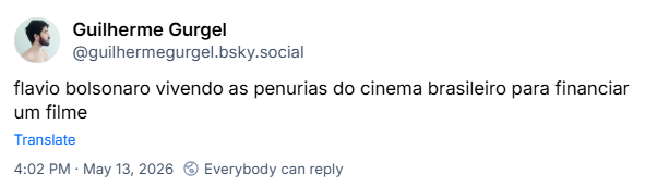 Post de Guilherme Gurgel (@guilhermegurgel.bsky.social): flavio bolsonaro vivendo as penurias do cinema brasileiro para financiar um filme